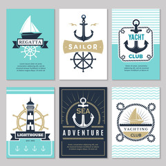 Poster - Nautical cards. Marine vintage logotypes sea rope knot anchor ship ocean decorative symbols for labels background. Marine nautical card, anchor and ship illustration