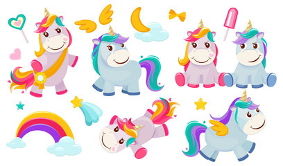 Wall Mural - Magic unicorns. Baby little fairytale animals pony horse pink characters with rainbows for girls vector. Illustration unicorn horse, magic pony, fairytale rainbow