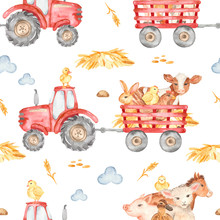 Watercolor Seamless Pattern With Cute Cartoon Animals In A Red Tractor