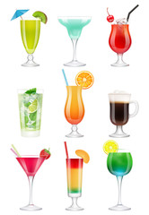 Poster - Cocktails realistic. Alcoholic drinks in glasses juice tequila mint vodka liquer gin tonic vector realistic cocktail pictures. Realistic cocktail, mojito and mint, martini umbrella illustration