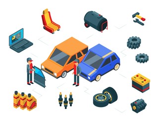 Poster - Car repair. Isometric car parts vector concept. Autos, tires, door, gas tank, battery and mechanics. Car repair, auto service isometric illustration