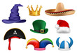 Carnival hats. Masquerade clothes fabric funny hats viking sombrero clown santa crown party celebration items vector realistic. Masquerade hat carnival, costume party illustration
