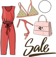 Vector Illustration Of Women's Clothing: Red Overalls, Pink Bag, Heeled Sandals, Lace Bra, Silver Chain. Lettering Sale. For Promotions, For Banners, For Clothing Stores, For Blog Advertising