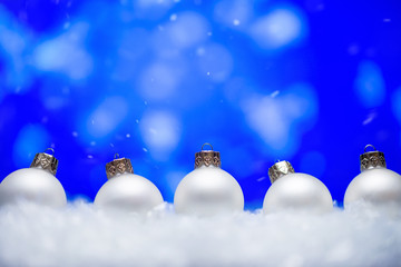 Banner with Christmas white toys and snow backdrop. Christmas discount backdrop. Sale time.