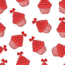 Cupcakes With Cream And Hearts. Festive Background For Valentine's Day. Color Image Of Pink Cupcakes  With Red Hearts. Design Element. Vector Illustration.