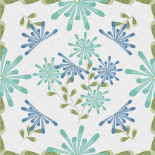 Vector Blue Green Flowers With Leaves On A Light Gray Background. Background For Textiles, Cards, Manufacturing, Wallpapers, Print, Gift Wrap And Scrapbooking.