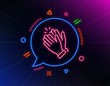 Clapping hands line icon. Neon laser lights. Clap sign. Victory gesture symbol. Glow laser speech bubble. Neon lights chat bubble. Banner badge with clapping hands icon. Vector