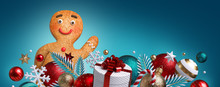 3d Gingerbread Man Cookie, Christmas Ornaments, Balls, Gift Box, Isolated On Blue Background. Blank Banner, Greeting Card Template, Commercial Poster Mockup. Winter Holiday Concept. Wide Size