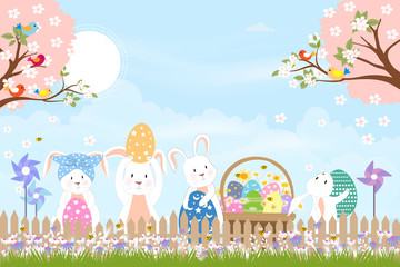 Panorama landscape of spring field with bunny hunting Easter eggs,Vector illustration holiday background, Cute cartoon rabbits playing on grass field with honey bees honey bees collecting pollen