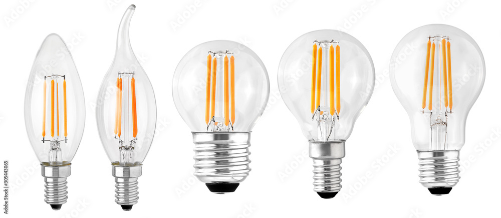 Label Filament Bulb set of LED filament bulbs isolated classic types Stock Photo | Adobe Stock