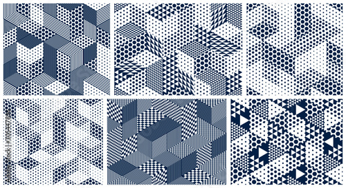 Mata magnetyczna 3D kropkowane kostki bez szwu wzorów tła wektor zestaw, kropki wymiarowe bloki, architektura i budownictwo, wzory geometryczne.