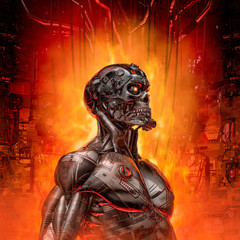 Wall Mural - the digital demon / 3d illustration of futuristic science fiction skull faced humanoid cyborg surrou