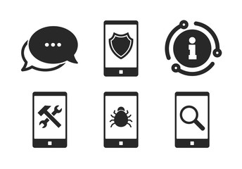 Wall Mural - Shield protection, repair, software bug signs. Chat, info sign. Smartphone icons. Search in phone. Hammer with wrench service symbol. Classic style speech bubble icon. Vector