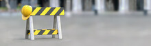 Barrier - Under Construction On A Gray Background. Horizontal Banner. Road Sign Without Intersection, Road Block, No Crossing. 3d Illustration.