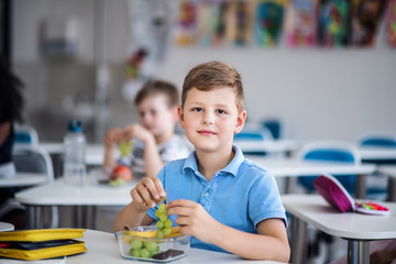 Wall Mural - A small school boy sitting at the desk in classroom, eating grapes.