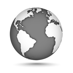 Wall Mural - Globe icon gray on white with smooth vector shadows and map of the continents of the world. Vector illustration