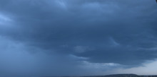 Panoramic Photo Of The Sky. Late Summer Evening, Dense Cumulus Clouds, Pre-storm Condition. 