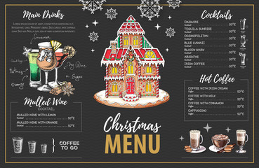 Wall Mural - Christmas menu design with sweet gingerbread house, coffee and christmas cocktails