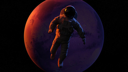 astronaut waving during a space walk in orbit of planet mars (3d render)