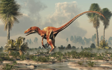 Aufkleber - Deinonychus is a theropod dinosaur, a cousin of velociraptor, that lived during the Cretaceous. Here depicted with no feathers bay in a watery lowland. 3D Rendering