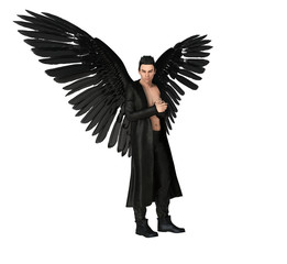 Wall Mural - Black angel with wings standing, looking evil. Isolated on white. 3D rendering.