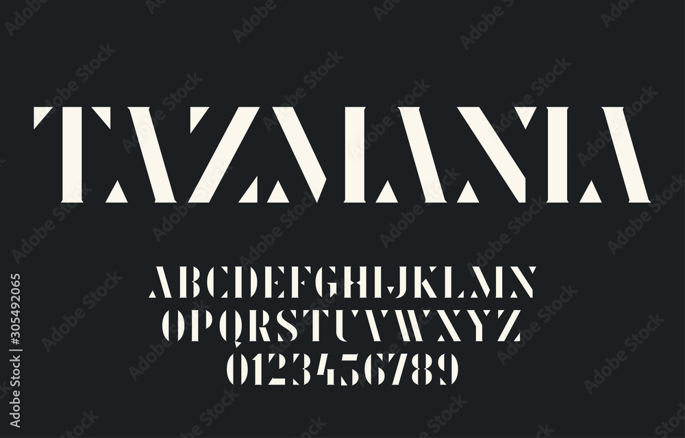 Elegant geometric stencil font with triangular elements and serifs ...