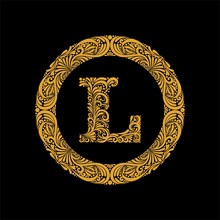 Premium, Elegant Capital Letter L In A Round Frame Is Made Of Floral Ornament. Baroque Style.Elegant Capital Letters Set 1 In The Style Of The Baroque.