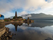 © ikmerc - Indonesia, november 2019: Sunrise in Pura Ulun Danu Bratan, or Pura Beratan Temple, Bali island, Indonesia. Pura Ulun Danu Bratan is a major Shivaite and water temple on Bali island