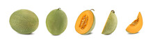 Set Of Some Sugary Cantaloupe Melons In A Cross-section, Isolated On White Background With Copy Space For Text Or Images. Side View. Close-up Shot.