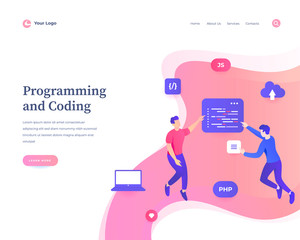 Wall Mural - Programming and coding concept workflow flying or levitation people and interaction with social media icons
