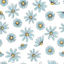 Hand Drawn Seamless Vector Pattern With Chamomile Flowers. Colored Daisy As Childish Drawing With Black Doodle Stroke On A White Background