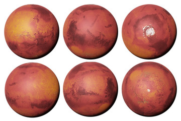 Wall Mural - planet mars, the red planet from all sides isolated on white background