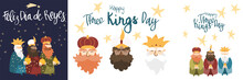 Vector Illustration Cards Template Set For Epiphany Celebration. Cute Cartoon Character Of Three Wise Men. Caption Translation: Happy Three Kings Day