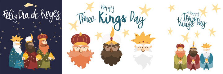 Vector illustration cards template set for Epiphany celebration. Cute cartoon character of three wise men. Caption translation: Happy Three Kings Day