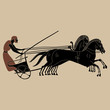 Ancient Greek charioteer riding a horse-drawn chariot. Vase painting racing motif.