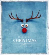 Christmas Reindeer With Red Cold Nose On Blue Background 3D Rendering