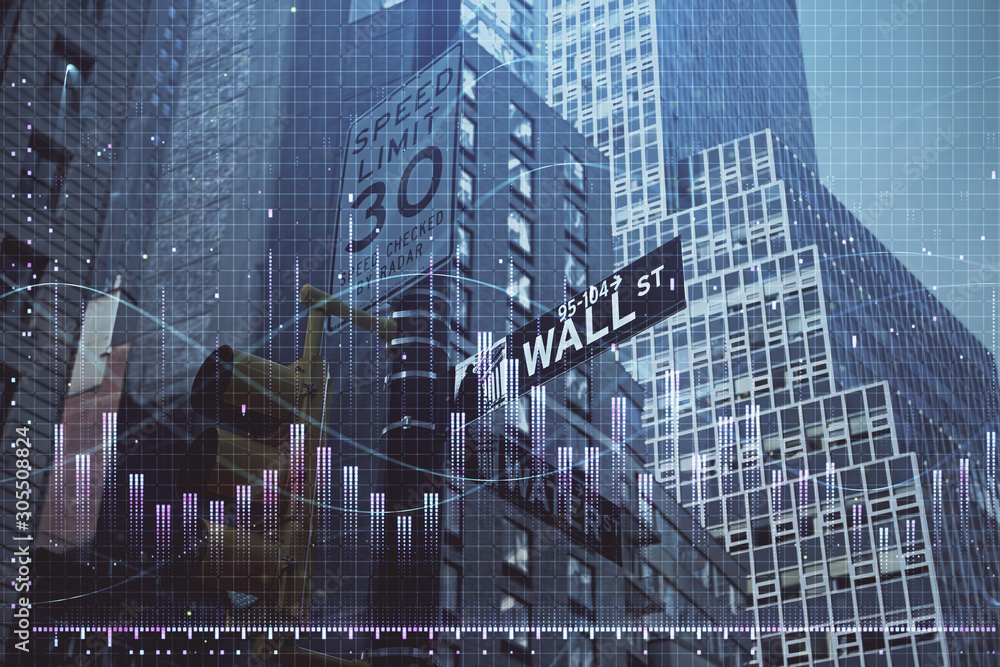 Forex chart on cityscape with tall buildings background multi exposure. Financial research concept. - obrazy, fototapety, plakaty 