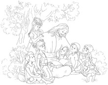 Jesus Reading The Bible With Children Coloring Page. Vector Cartoon Christian Black And White Illustration