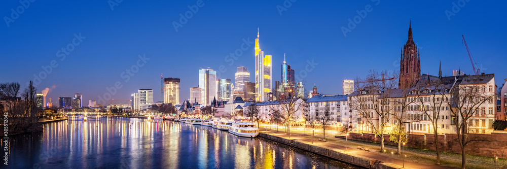 Frankfurt am Main, River, Bridge, Tour Boats at the Quay, Skyline, Germany - obrazy, fototapety, plakaty 