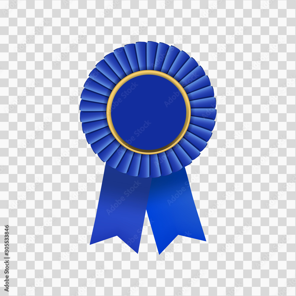 isolated blue ribbon badge with gold tab on transparent background, concept for first prize award logo badge.