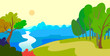 Cartoon style landscape with forest, river and mountains.