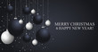 Christmas dark blue background with hanging Christmas balls. Happy New Year decoration. Elegant Xmas banner or poster. Copy Space. Vector