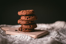 Delicious Homemade Chocolate Cookies On A Wooden Table