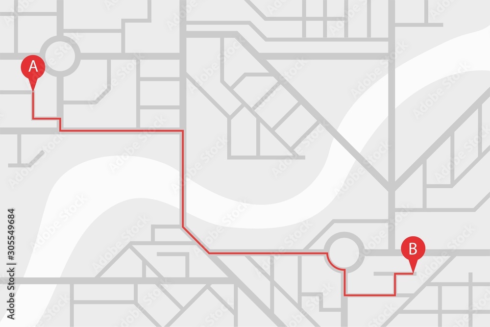City street map plan with GPS pins and navigation route from A to B ...