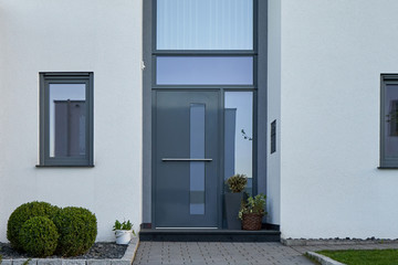 Facade of a modern house with a gray front door and potted flowers.