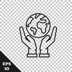 Black line Human hands holding Earth globe icon isolated on transparent background. Save earth concept.  Vector Illustration