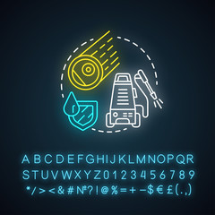 Sticker - Household robotics neon light concept icon. Domestic robot idea. Modern futuristic technologies. Automated cleaning machines. Glowing sign with alphabet, numbers. Vector isolated illustration