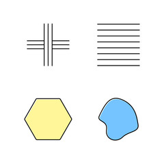 Poster - Geometric figures color icons set. Crossed stripes. Black ink strokes. Parallel lines. Flat solid hexagon. Filled fluid abstract shape. Isometric forms. Isolated vector illustrations