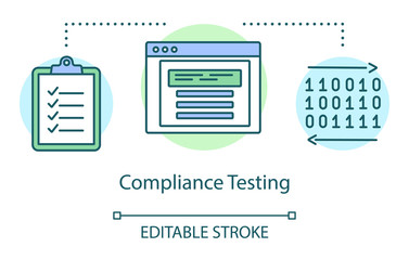 Compliance testing concept icon. Computer program standarts idea thin line illustration. Software testing process. Indicating issues and problems. Vector isolated outline drawing. Editable strokee
