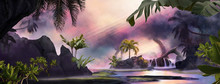 Beautiful Dreamy Sunset Lagoon Jungle Landscape With Palm Trees And Tropical Leaves, Can Be Used As Background Or Wallpaper